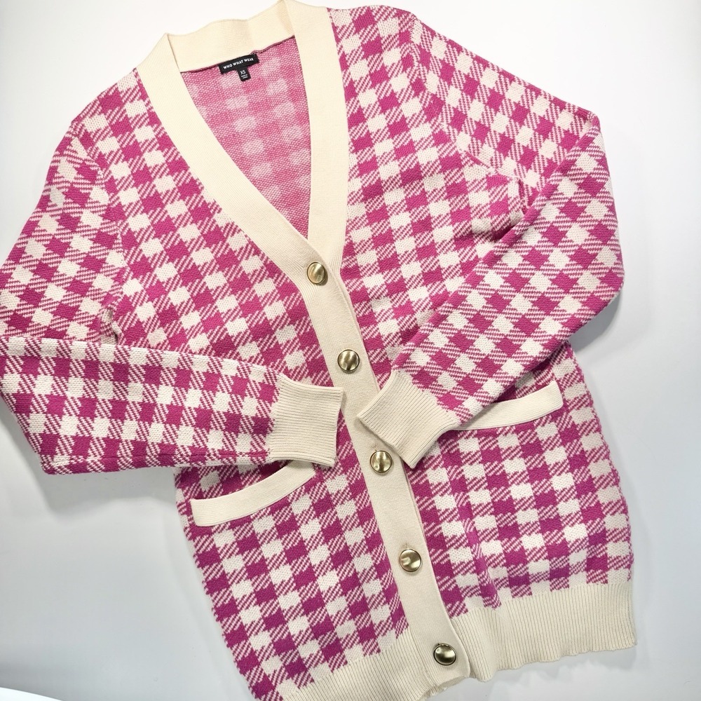 Who What Wear Women's Pink & Ivory Checked Cardigan Sweater XS Classic Old Money